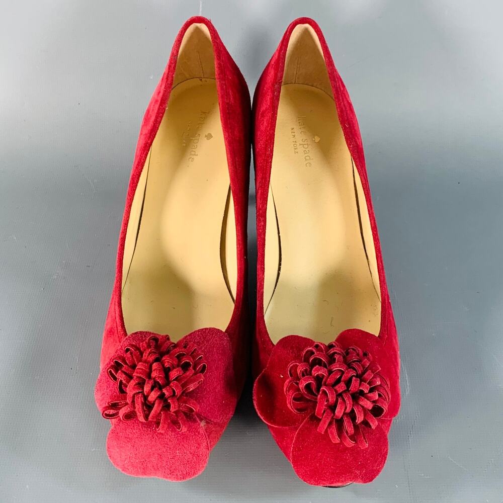 KATE SPADE Size 7.5 Burgundy Suede Floral Applique Kitten Heel Pumps - Picture 4 of 8